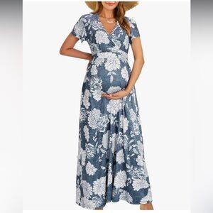 Floral Maternity Maxi Dress - Blue and White